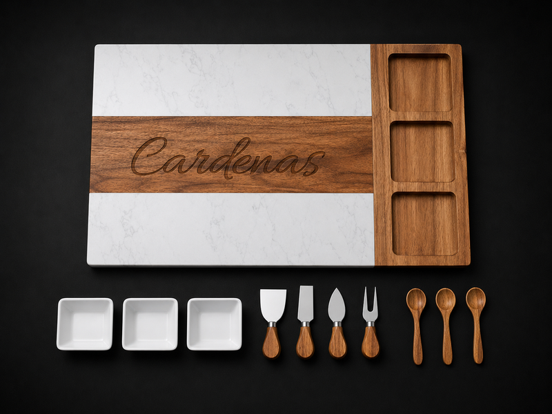 Housewarming Charcuterie Board – Personalized Marble & Acacia Serving Board