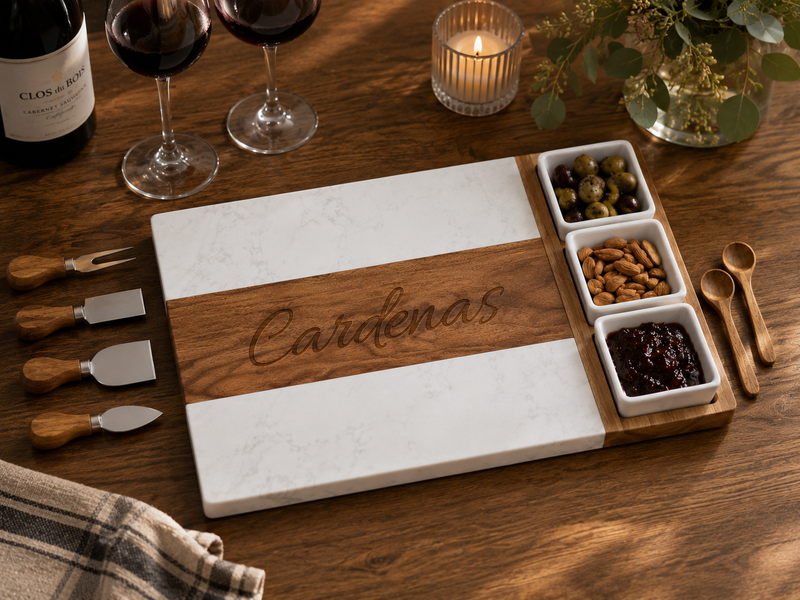 Housewarming Charcuterie Board – Personalized Marble & Acacia Serving Board