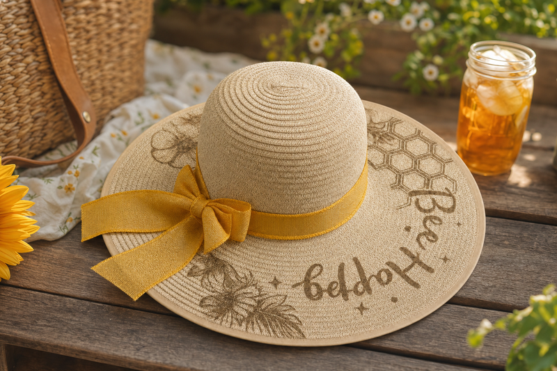 Bee Happy straw sun hat styled in a sunny garden with sunflowers and iced tea