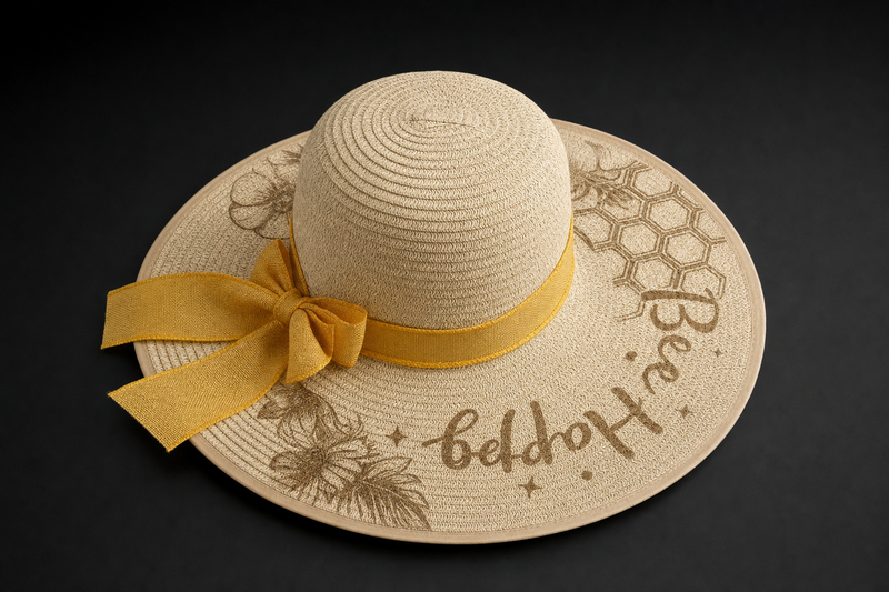Bee Happy straw sun hat with yellow bow and engraved bee, honeycomb, and floral design