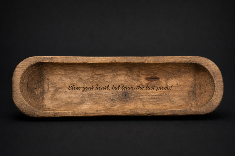 Wooden tray with engraved text on a black background