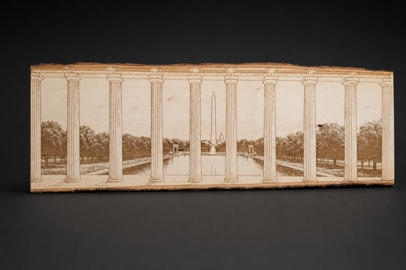 Live-edge wood panel laser engraved with the view from the Lincoln Memorial down the National Mall