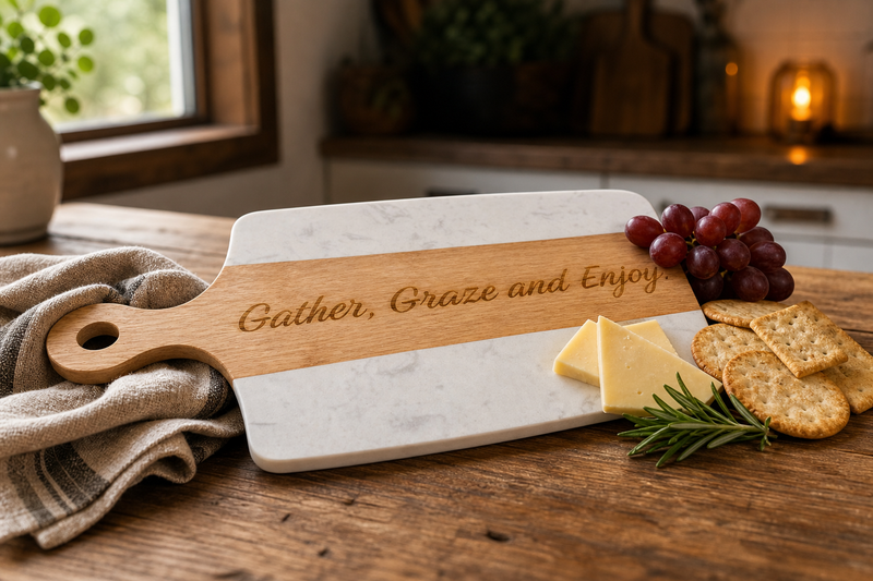 Laser Engraved Marble Wood Charcuterie Board · Custom Quote Name · Personalized Serving Board · Housewarming Wedding Entertaining Gift