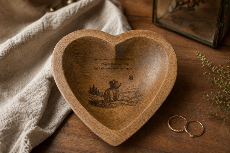 Bear cub heart bowl styled as a keepsake ring dish on a warm wooden table