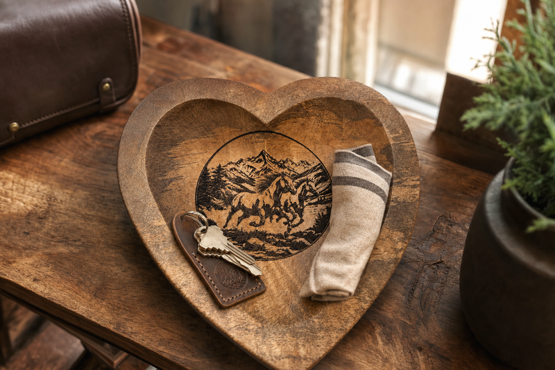 Running Horses Heart Bowl styled on a rustic entry table with keys and linen