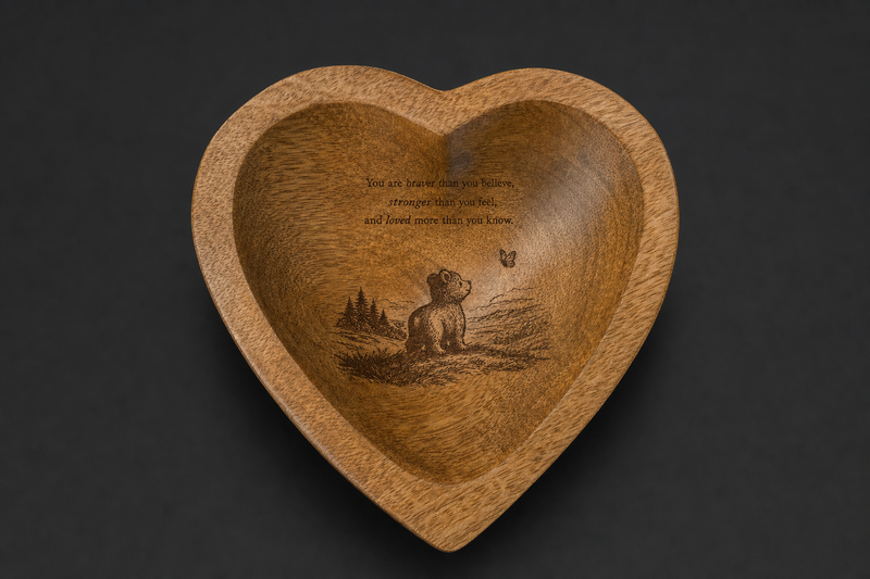 Bear cub heart bowl, laser engraved bear cub and butterfly with encouragement quote