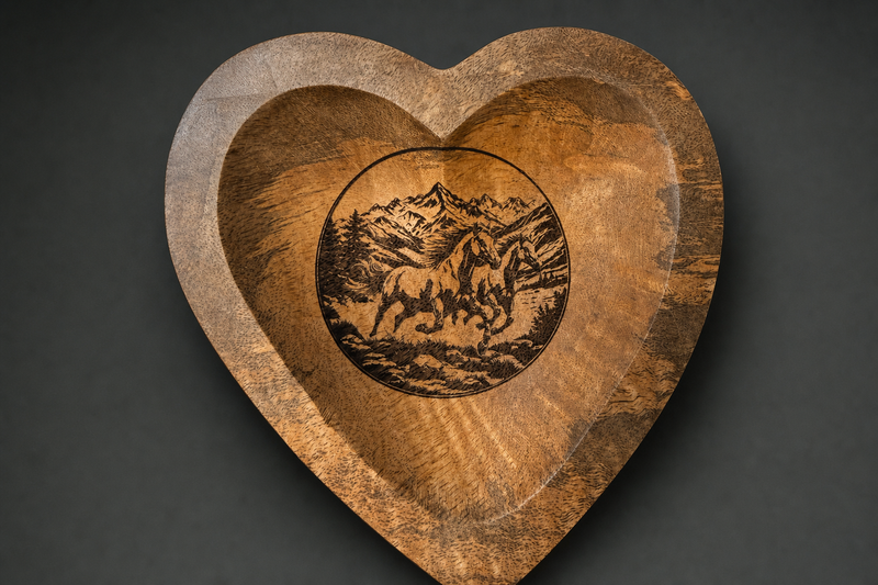 Heart-shaped wooden bowl with laser engraved running horses and mountain scene