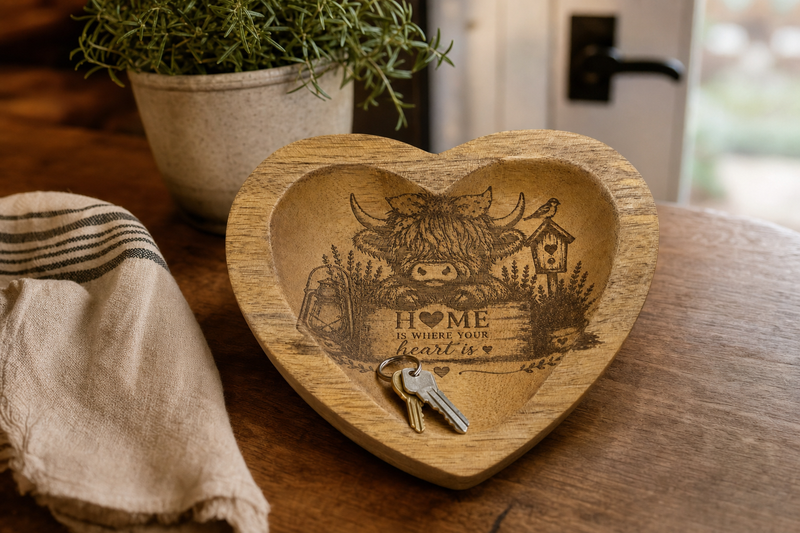 Highland Cow Heart Bowl styled on a farmhouse table with keys and linen