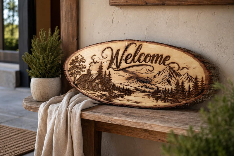 Engraved Welcome Sign Live Edge Wood Slab