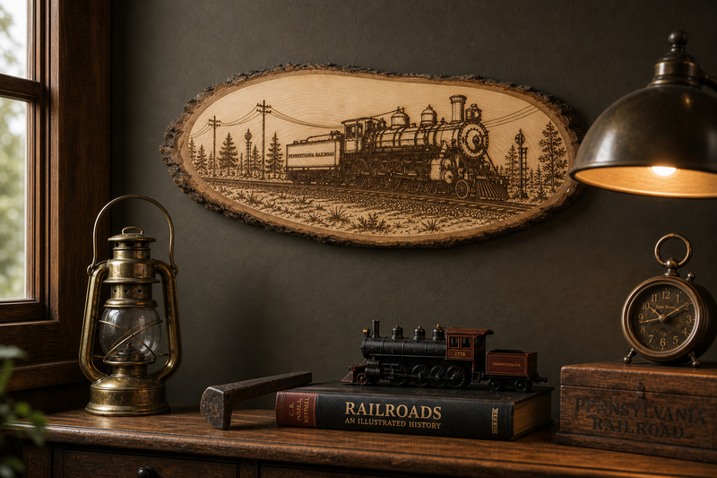 Large railroad live edge wood wall art displayed above a desk with vintage lantern and model train