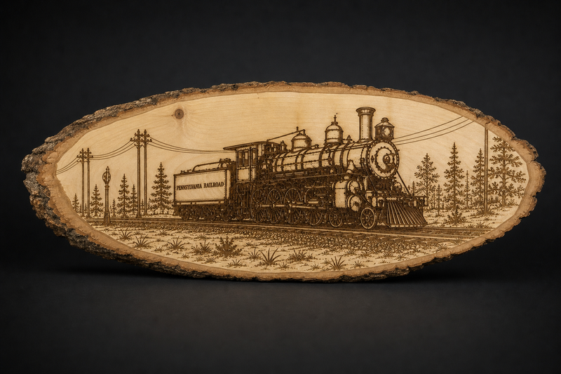 Pennsylvania Railroad steam locomotive laser engraved on a large live edge basswood slab with natural bark edge