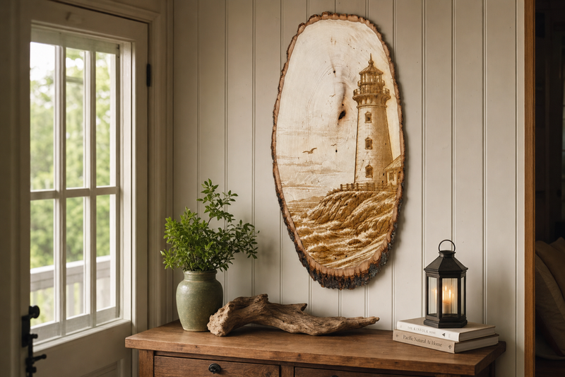 Vertical lighthouse live edge slab hung in a coastal cottage entryway with driftwood and lantern