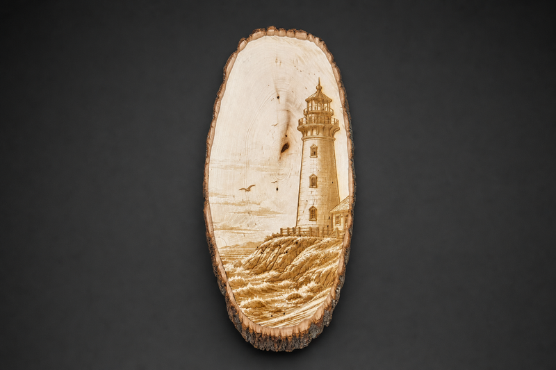 Lighthouse coast scene laser engraved on a vertical live edge basswood slab with natural bark edge