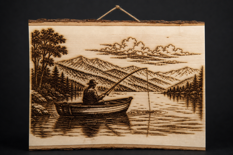 Wooden pyrography artwork of a man fishing on a lake with mountains in the background.