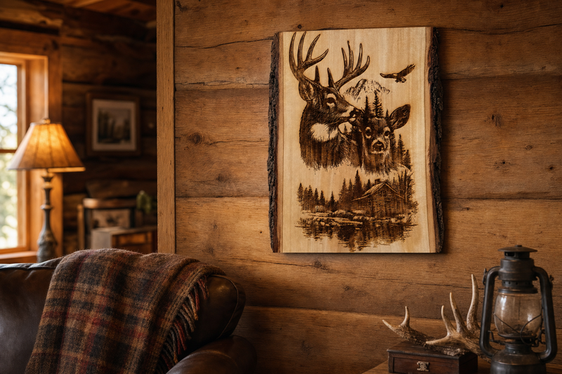 Deer and cabin live edge wall art hanging on a rustic log cabin wall