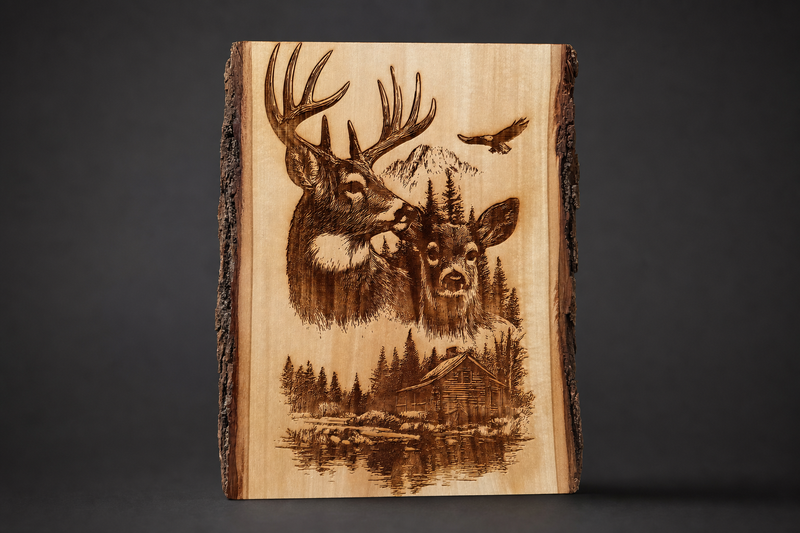 Live edge wood wall art engraved with a buck, doe, eagle, mountains, and cabin scene