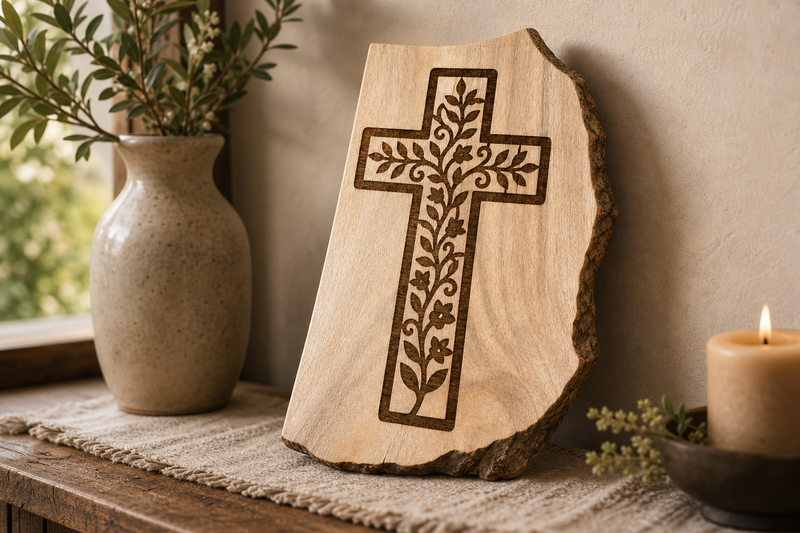 Laser Engraved Floral Cross Live Edge Wood Wall Art
