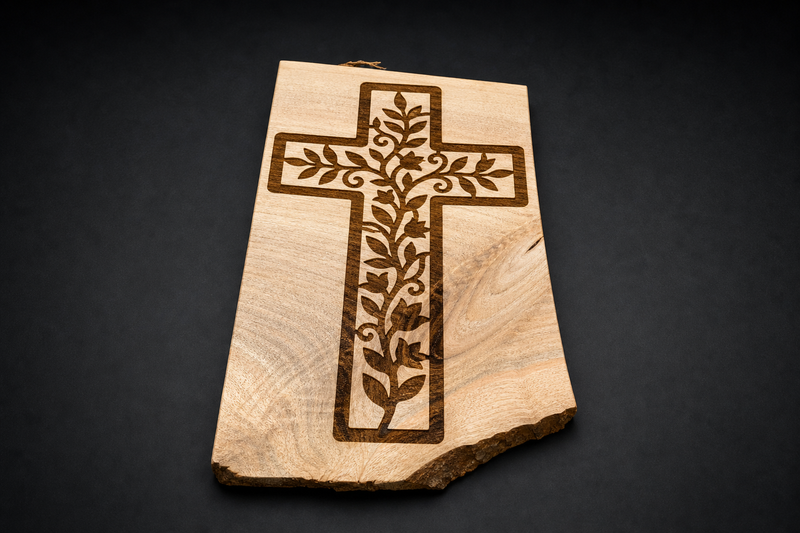 Laser Engraved Floral Cross Live Edge Wood Wall Art