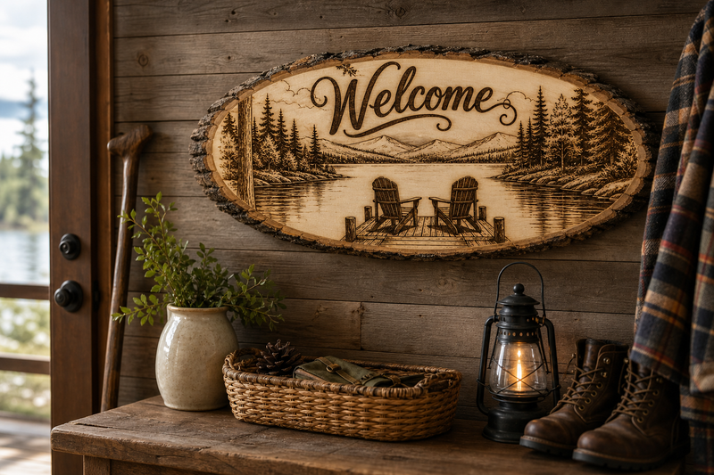 Live edge Welcome sign hanging in a rustic cabin entryway with lantern and boots
