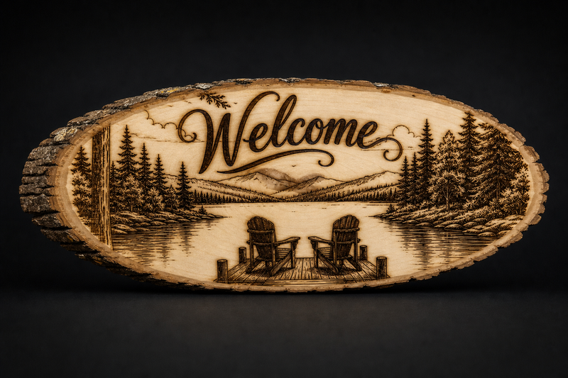 Live edge wood Welcome sign with a lake, dock, and two Adirondack chairs engraved scene