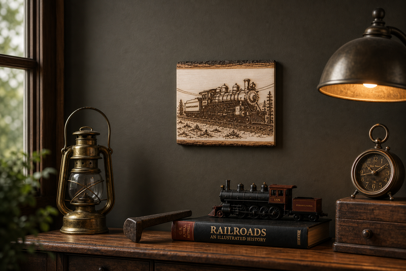 Pennsylvania Railroad engraved live edge wood wall art styled with vintage railroad decor
