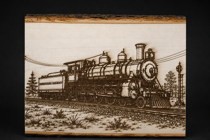 Live edge wood wall art engraved with a Pennsylvania Railroad steam locomotive
