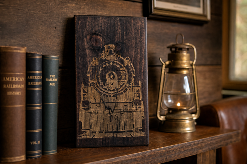 Steam Locomotive No. 4501 plaque displayed on a shelf with railroad books and a brass lantern