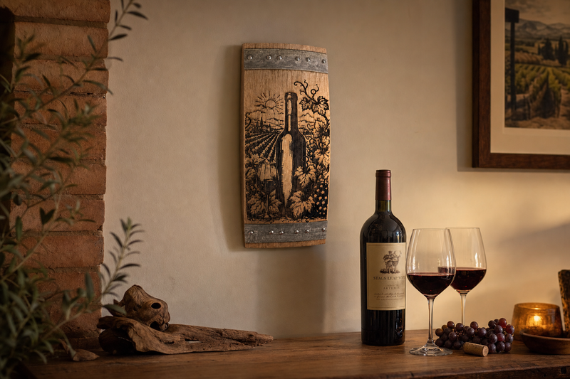 Vineyard wine barrel stave hung in a warm wine nook with a bottle and two glasses of red wine