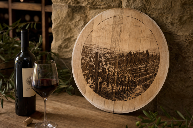 Engraved wine barrel head styled in a rustic wine cellar