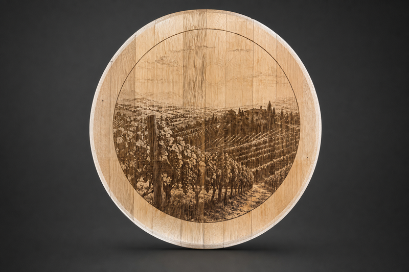 Wine barrel head laser-engraved with a Tuscan vineyard scene