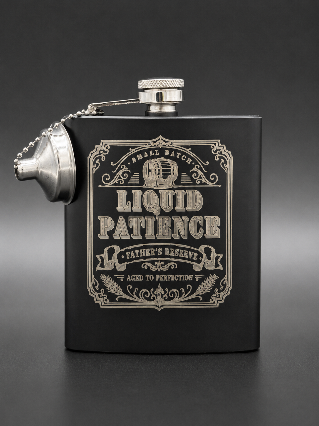 Father’s Day Whiskey Flask – Engraved “Liquid Patience” Hip Flask