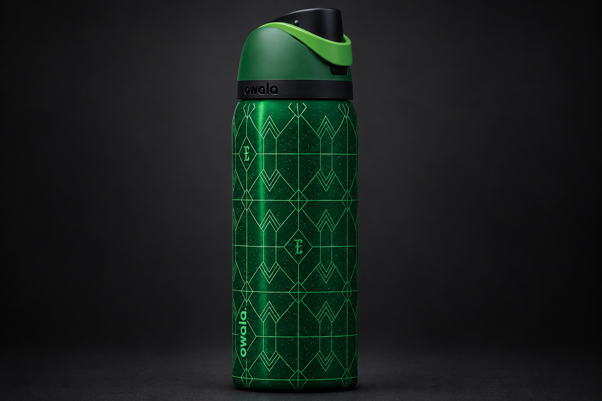 Owala FreeSip 32 oz water bottle, Wicked Elphaba emerald green Art Deco design