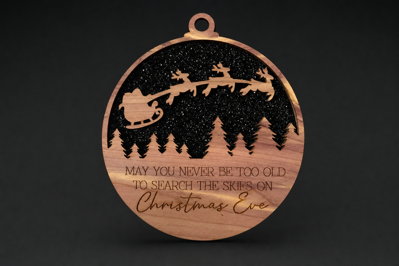 Search the Skies Ornament — Cedar / black glitter