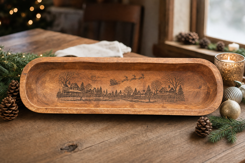 Christmas village dough bowl as a holiday centerpiece with pinecones, greenery, and candlelight