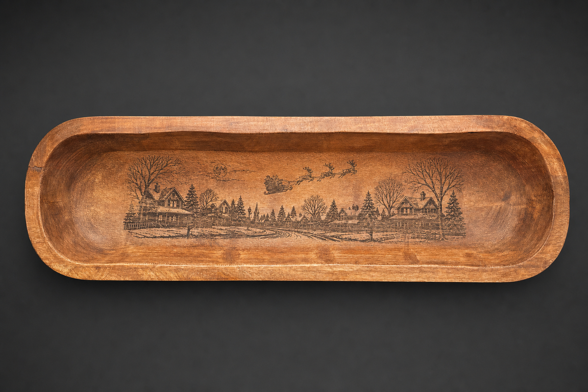 Long carved wood dough bowl engraved with a winter Christmas village and Santa's sleigh