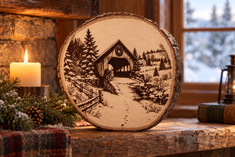 Covered Bridge Wood Slice in use