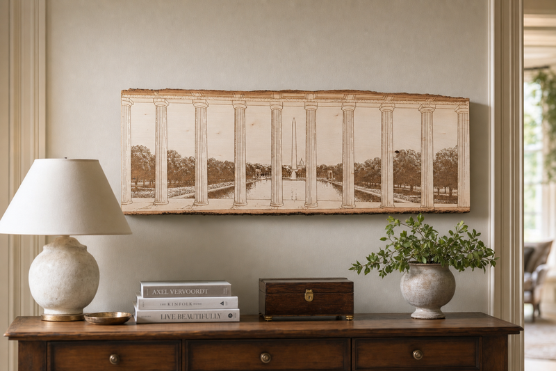 National Mall live-edge panel displayed above a console table in a refined estate home interior