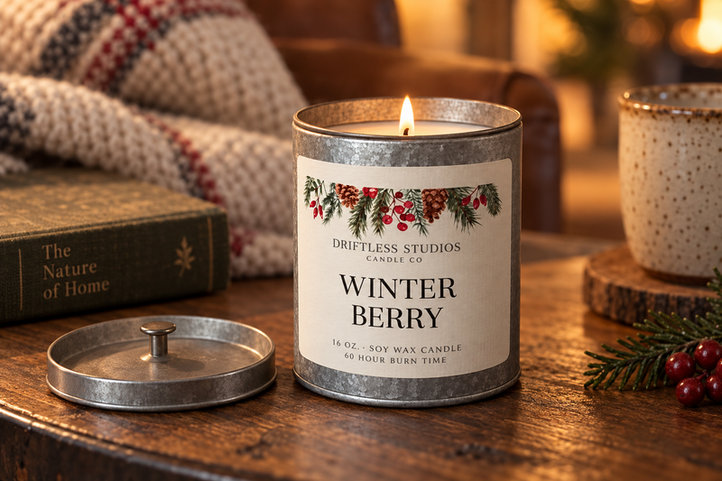 Driftless Studios Winter Berry Candle in use