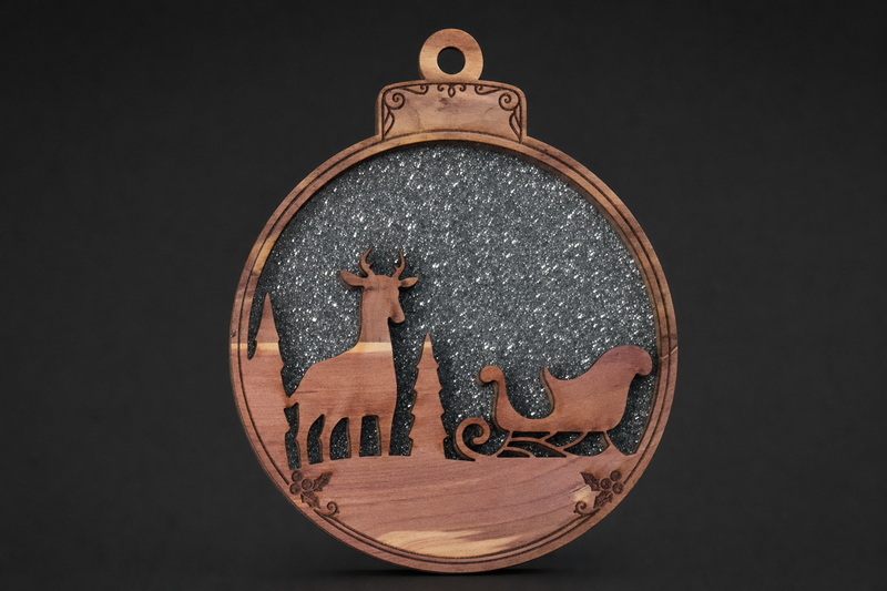 Framed Scene Ornament — Reindeer / silver glitter