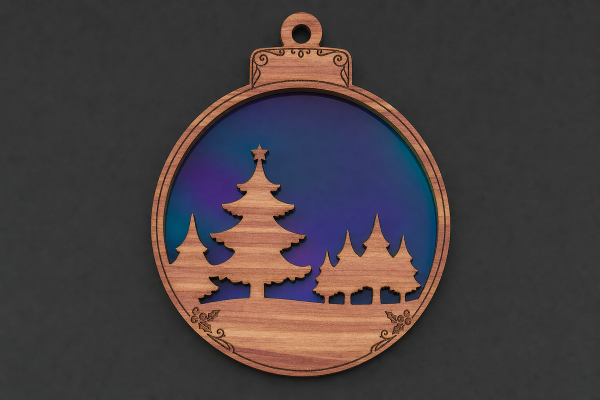 Framed Scene Ornament — Pines / aurora acrylic