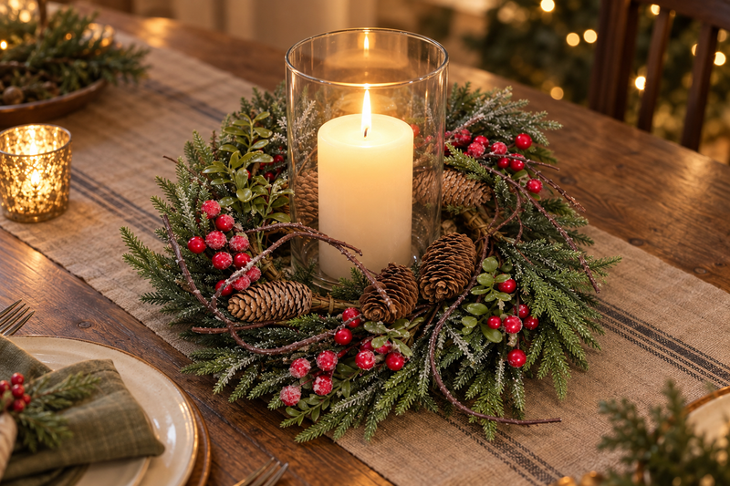 Frosted Berry & Pinecone Candle Ring in use