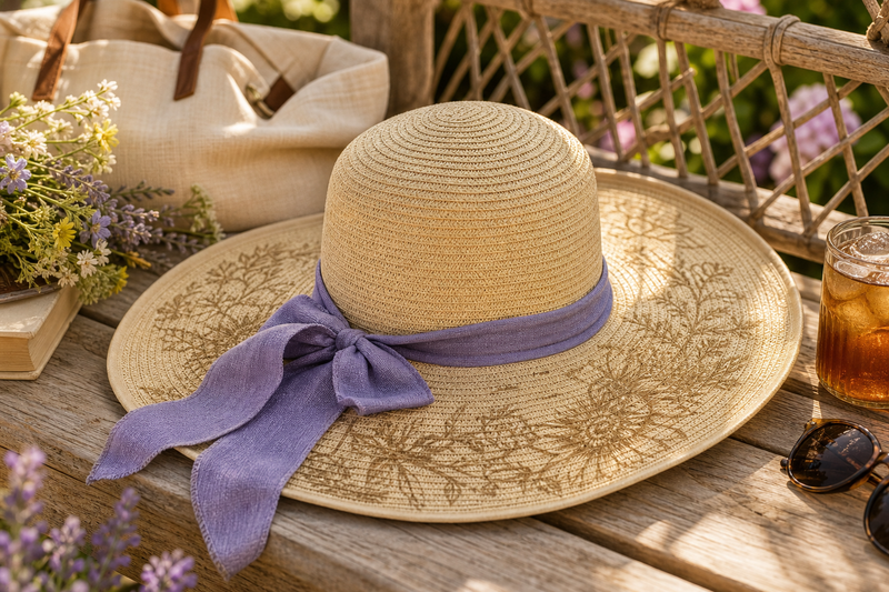 Engraved straw garden sun hat with lavender bow displayed on a wooden table with flowers and iced tea