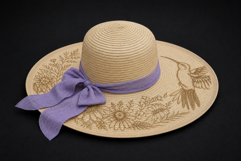 Wide-brim straw sun hat with hand-engraved hummingbird and floral pattern and a lavender bow band