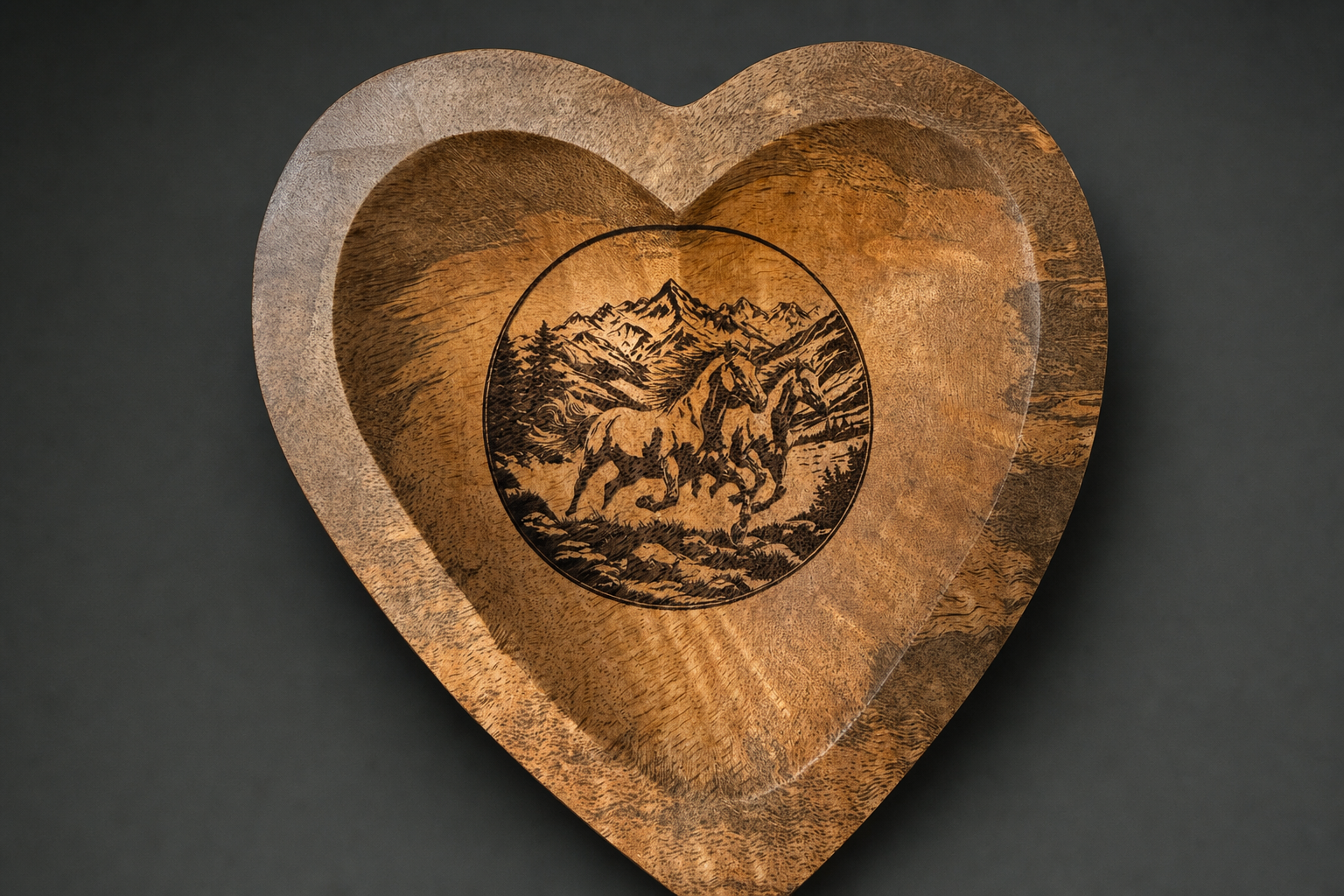 Heart-shaped wooden bowl with laser engraved running horses and mountain scene