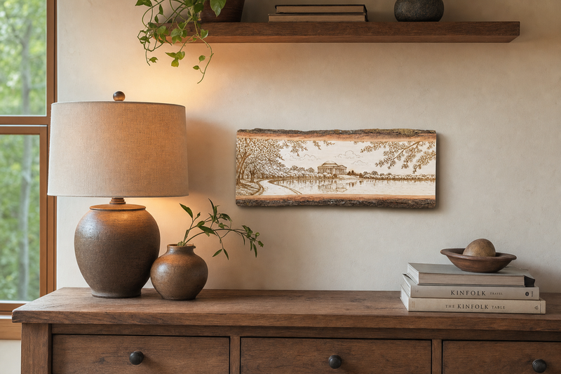 Compact 24 inch Jefferson Memorial cherry blossom live edge sign styled in a warm corner with a lamp and vases