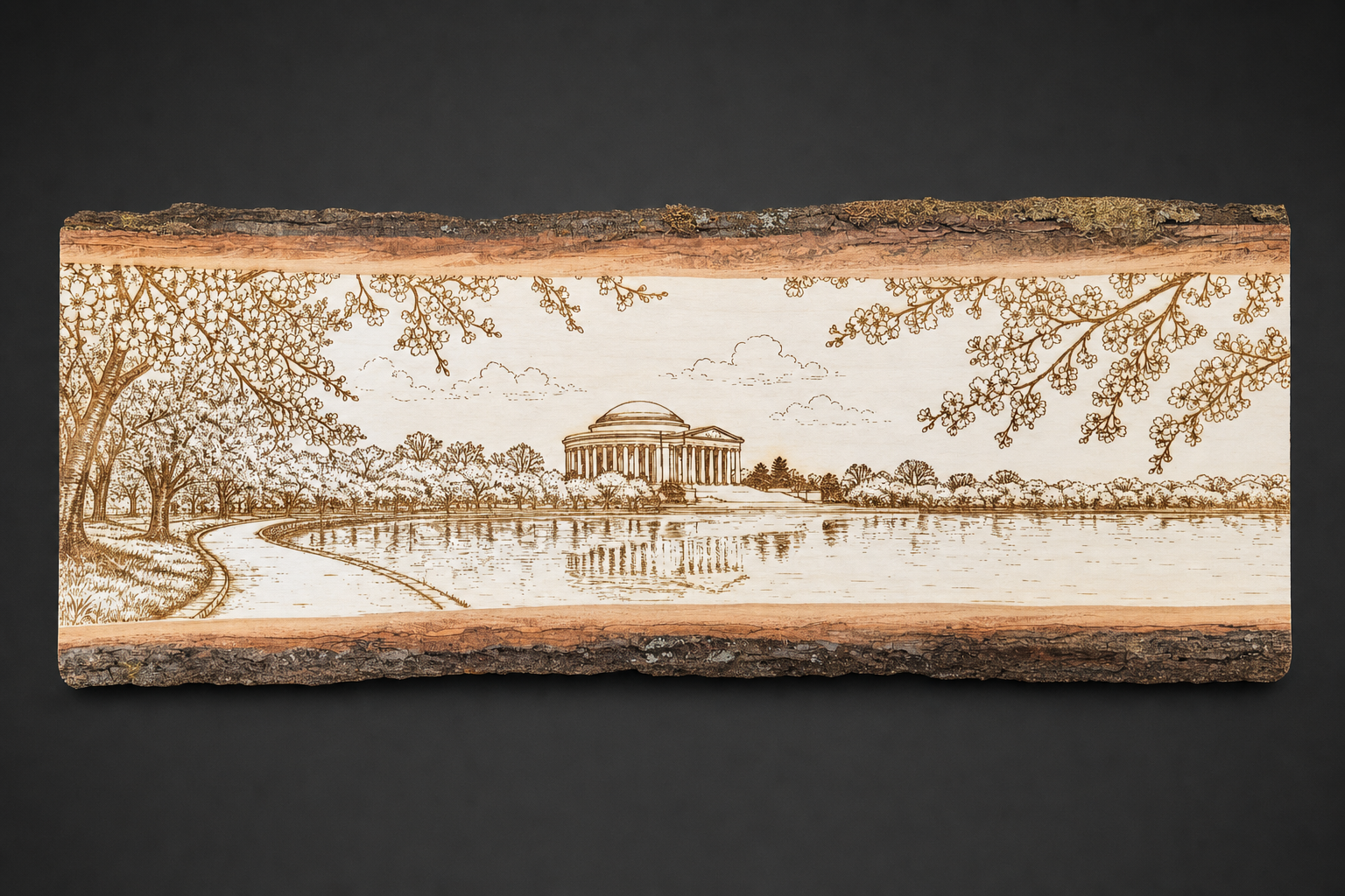 Jefferson Memorial and cherry blossoms laser engraved on a live edge wood board