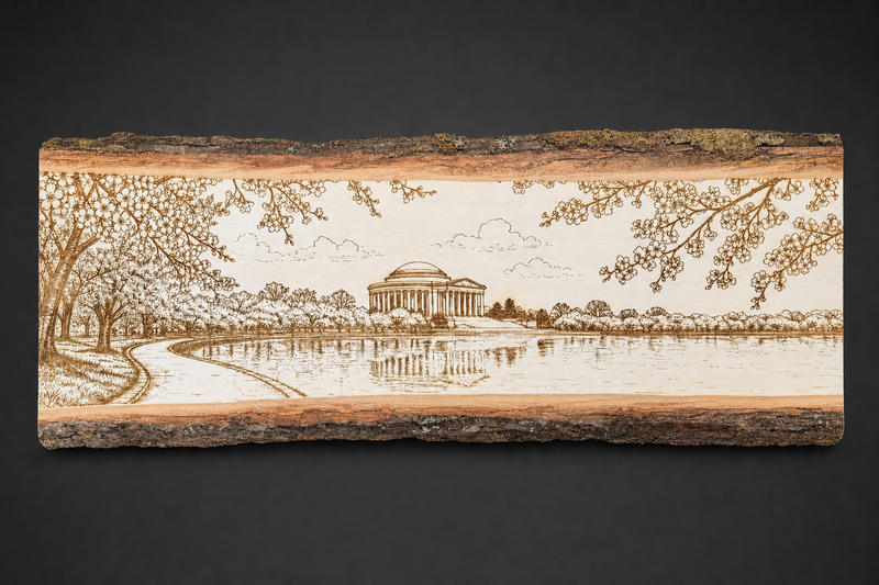 Jefferson Memorial and cherry blossoms laser engraved on a live edge wood board