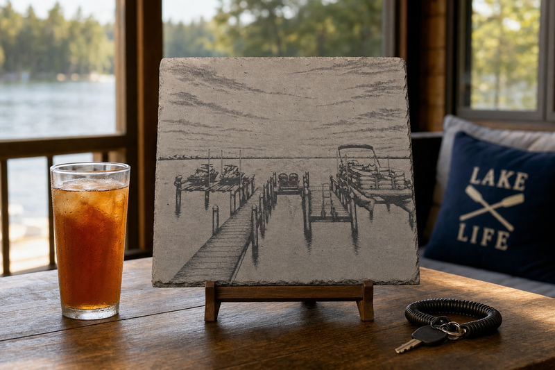 Lake Dock – Engraved Slate in use