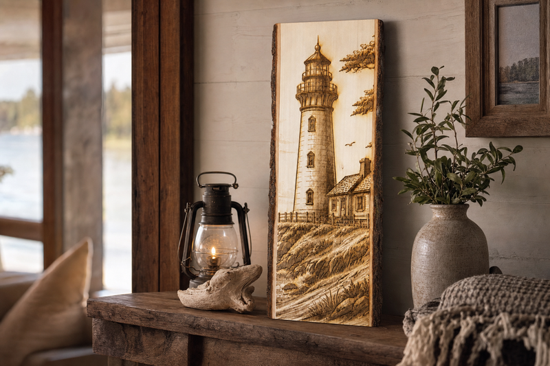 Lighthouse live edge wall art displayed in a coastal cabin entryway