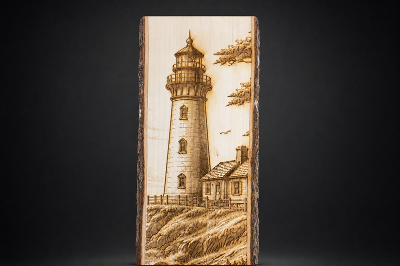 Lighthouse live edge wood wall art, laser engraved coastal scene